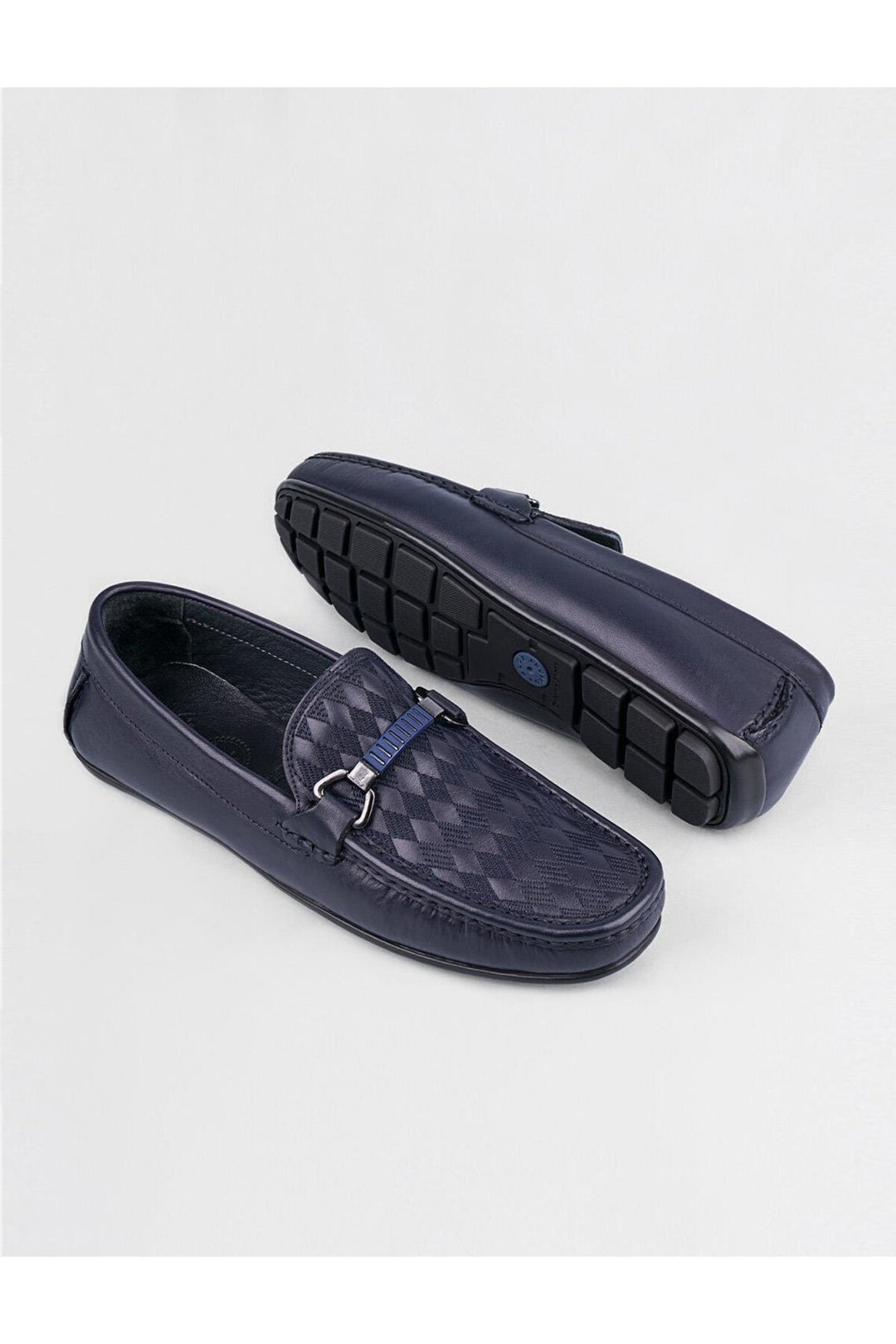 Cabani Shoes Mocassin pour homme en cuir véritable bleu marine avec bande bleue. - Bleu marine