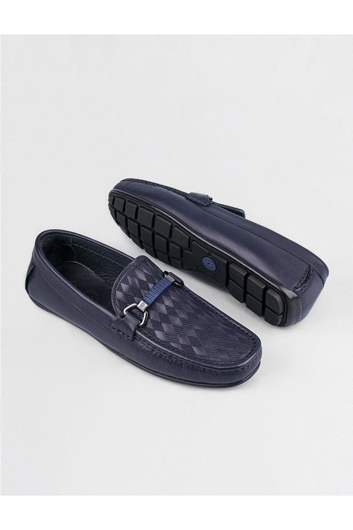 Cabani Shoes Mocassin pour homme en cuir véritable bleu marine avec bande bleue. - Bleu marine