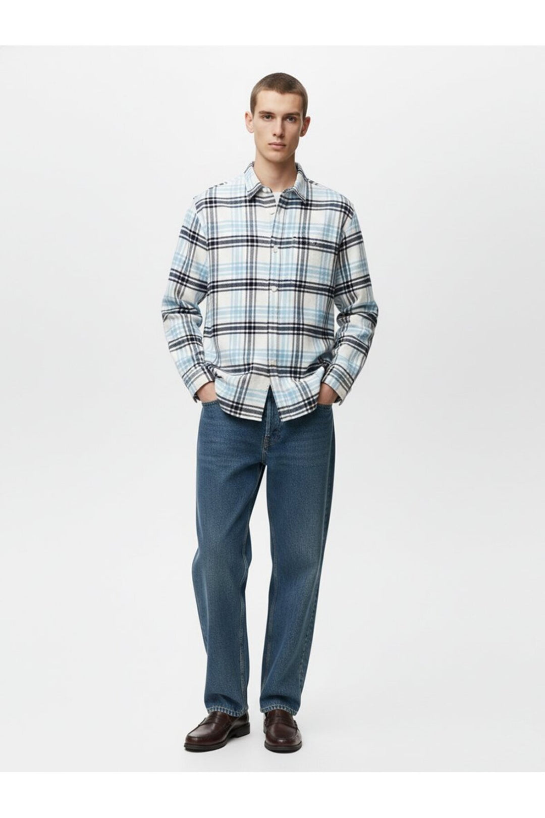 LTB Chemise bleue à carreaux avec bouton à manches longues sur le devant