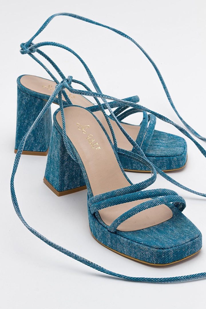 Wavelys Sandales à talons compensés avec bande et cordon pour femmes Carisa Platform Gate Shoes - Denim bleu