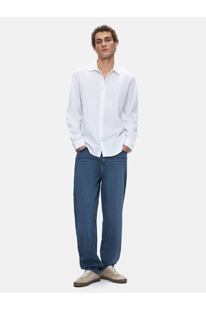 LTB Chemise blanche à manches longues regular aspect lin imprimé