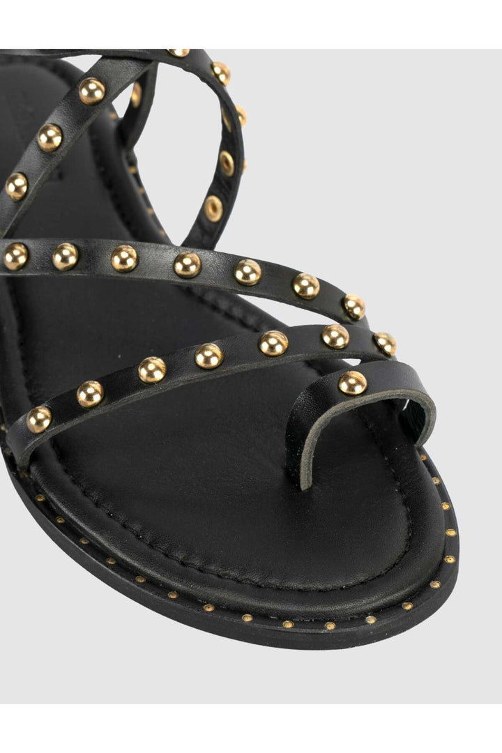 Cabani Shoes Sandales gladiateurs en cuir véritable avec détails en pierre noire pour femmes - Noir
