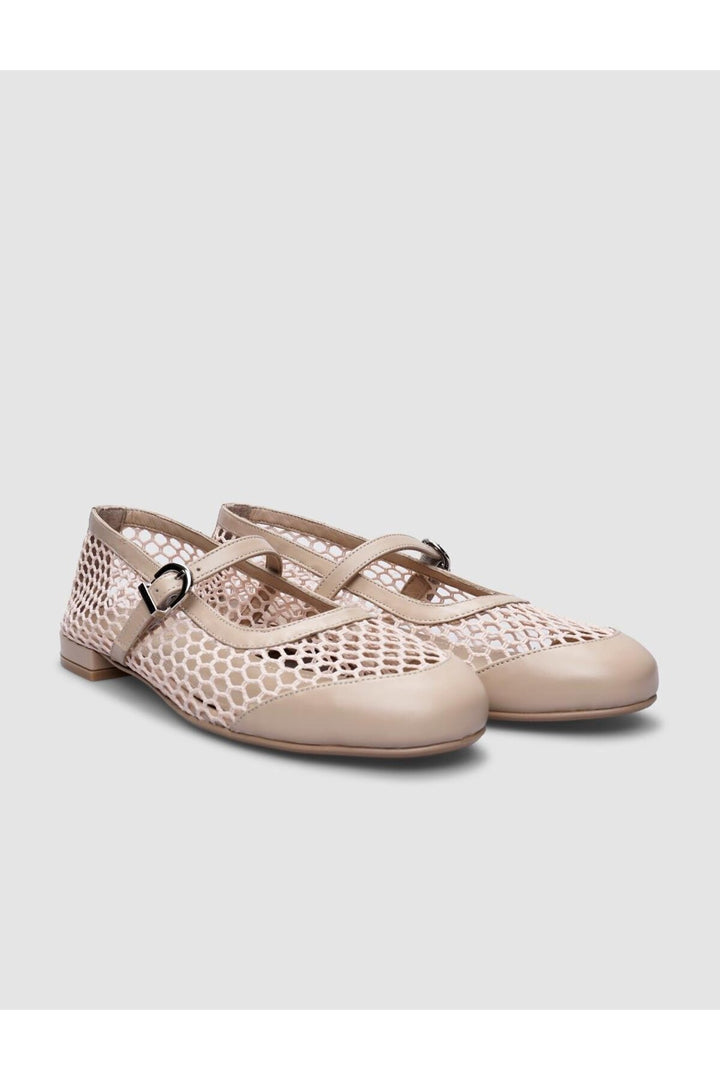Cabani Shoes Ballerines pour femmes en cuir véritable beige avec détail de boucle en filet à 100%. - Beige