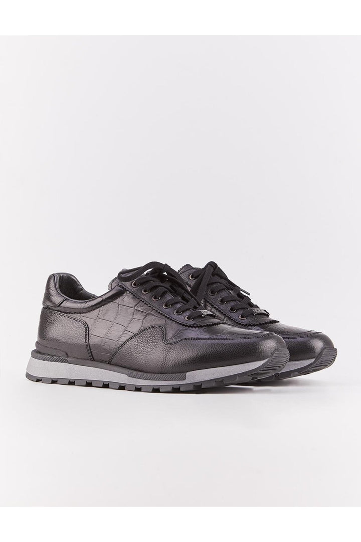 Cabani Shoes Chaussures de sport pour hommes en cuir véritable, noires, à lacets et à motifs. - Noir