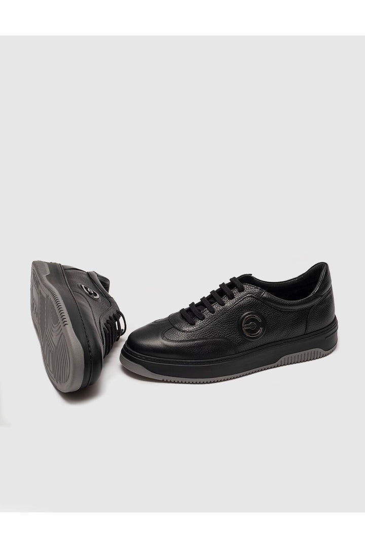 Cabani Shoes Chaussures de sport pour hommes en cuir véritable noir avec lacets et semelle en caoutchouc. - Noir