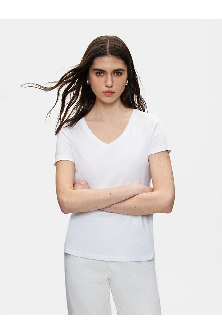 LTB T-shirt blanc régulier à manches courtes avec col en V pressé