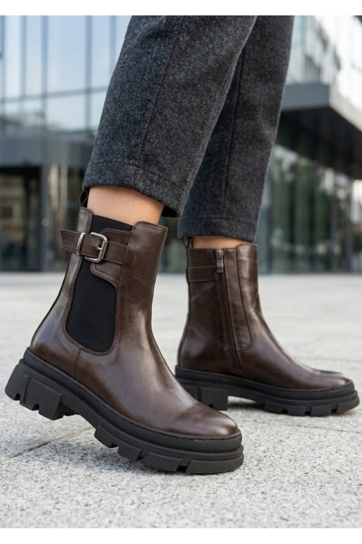 Wavelys BOTTE ATHENA Bottes pour femmes en cuir véritable marron avec détails zippés et élastiques, confortables et chaudes. - Marron