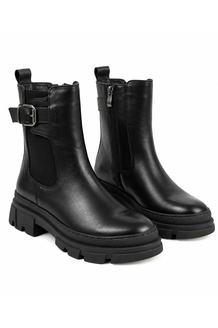 Wavelys BOTTE ATHENA Bottes pour femmes en cuir véritable noir avec détails en zip et élastique, confortables et chaudes. - Noir