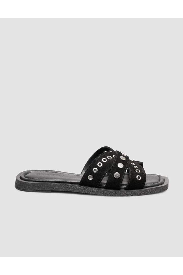 Cabani Shoes Sandales pour femmes en cuir véritable avec détails en pierre en suède noir. - Multicolore