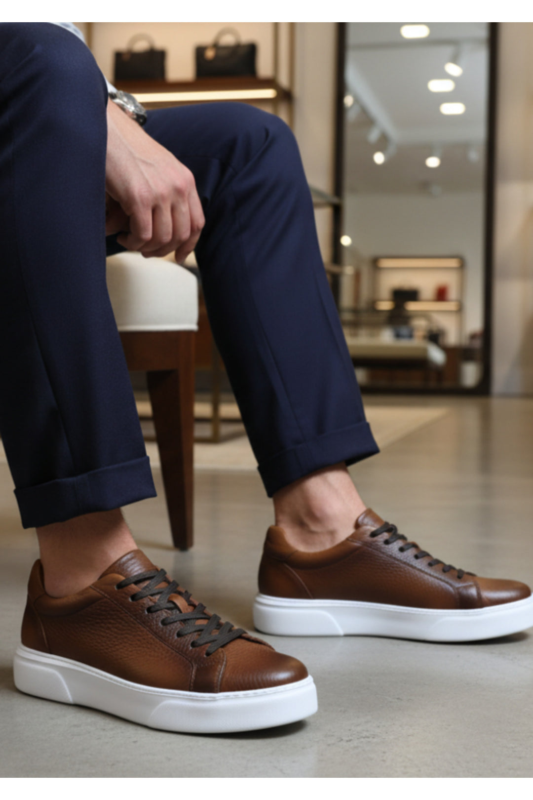 Wavelys AXIS Chaussures de sport décontractées pour hommes en cuir véritable marron à semelle confortable - Marron