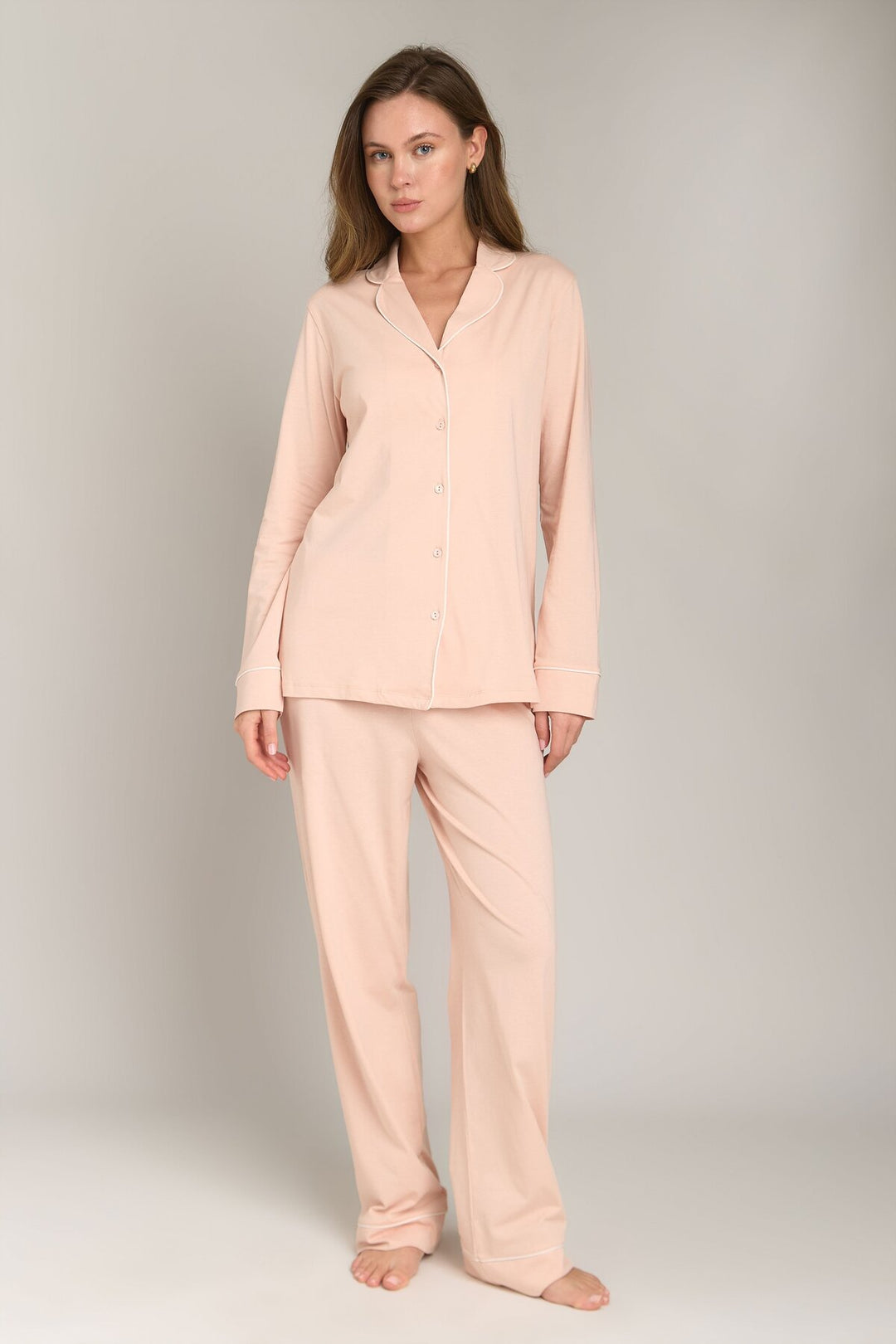 Lovely Things NINA Örme Uzun Kol Gömlek Pantolon Set Pijama Takımı - Acı Kahve