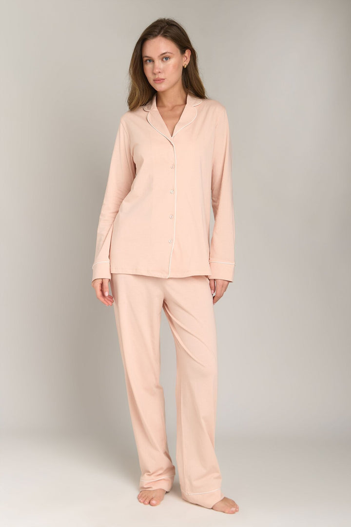 Lovely Things NINA Örme Uzun Kol Gömlek Pantolon Set Pijama Takımı - Acı Kahve