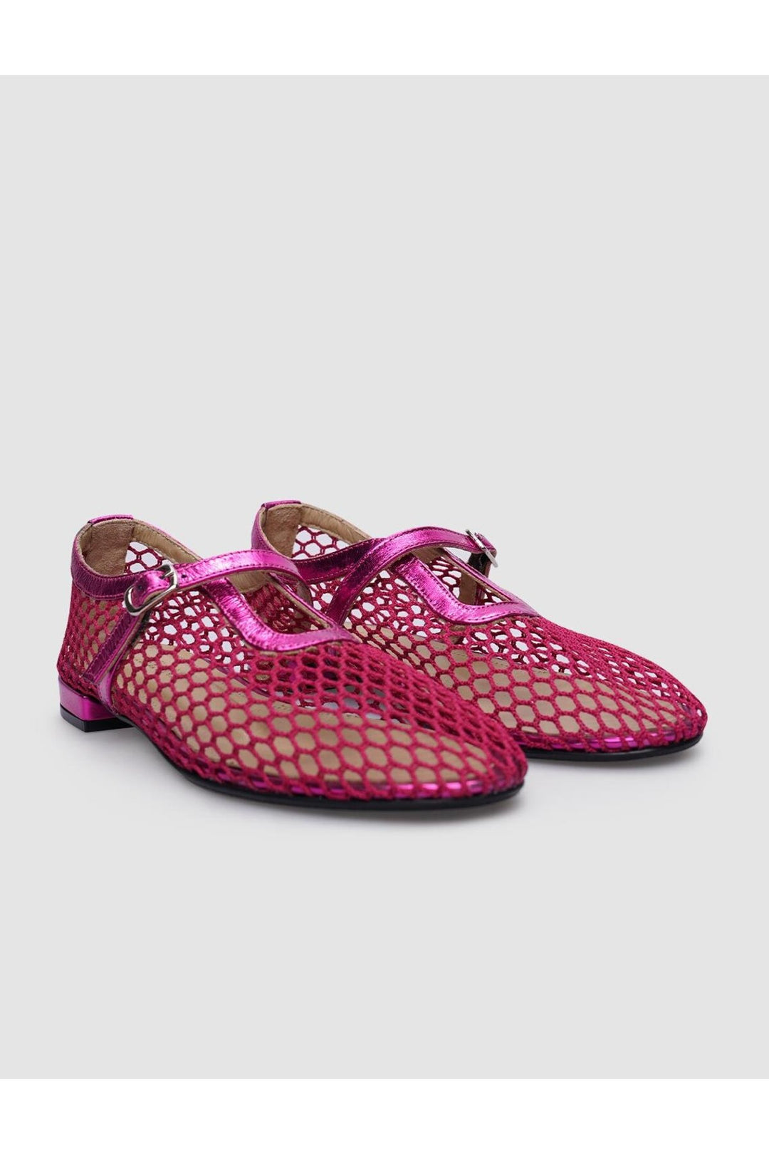 Cabani Shoes Ballerines pour femmes en cuir véritable 100% avec détails en filet et boucle fuchsia. - Rose
