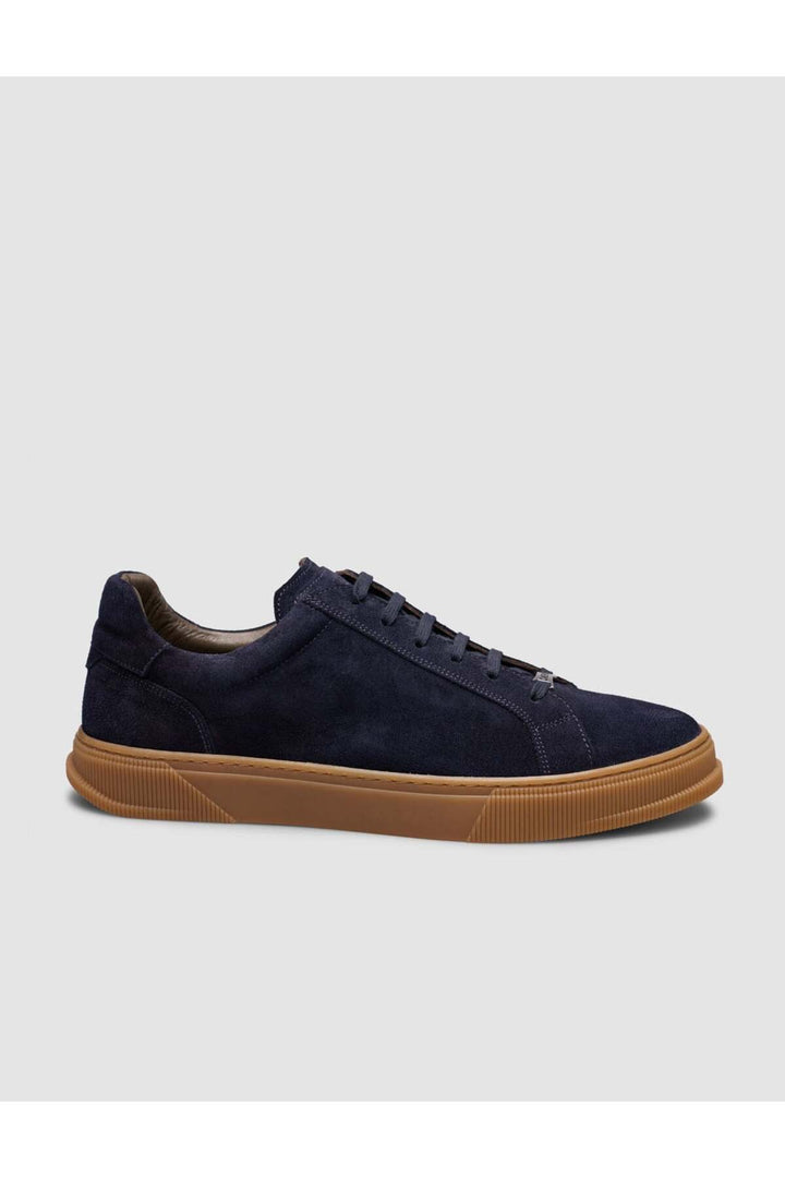 Cabani Shoes Sneaker pour homme en cuir bleu marine à lacets avec semelle marron. - Bleu marine