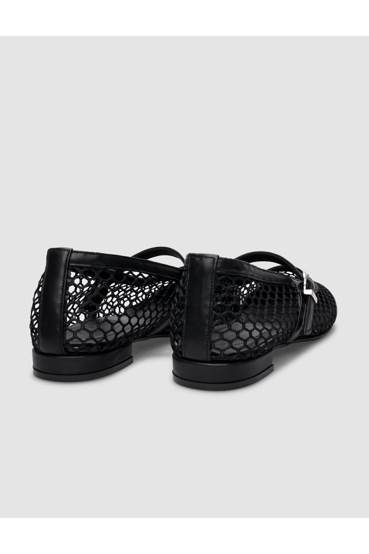 Cabani Shoes Ballerines pour femmes en cuir véritable noir avec détails en filet et boucle. - Noir