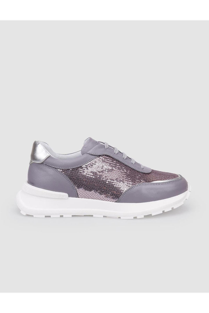 Cabani Shoes Baskets de sport pour femmes en cuir véritable gris avec détails en paillettes à lacets. - Gris
