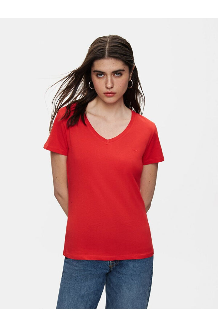LTB T-shirt rouge régulier à manches courtes et col en V pressé