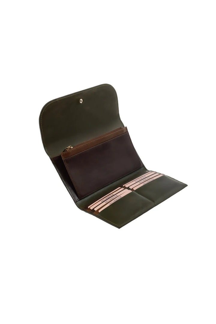Helmbrook Femme Cuir véritable Grand Portefeuille Fermoir à bouton-pression Protégé par RFID Charlotte Kaki Café