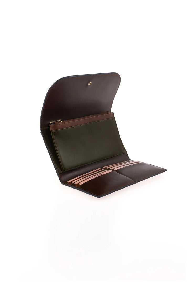 Helmbrook Femme Cuir Véritable Grand Portefeuille Fermoir à bouton-pression Protégé par RFID Charlotte Café Kaki