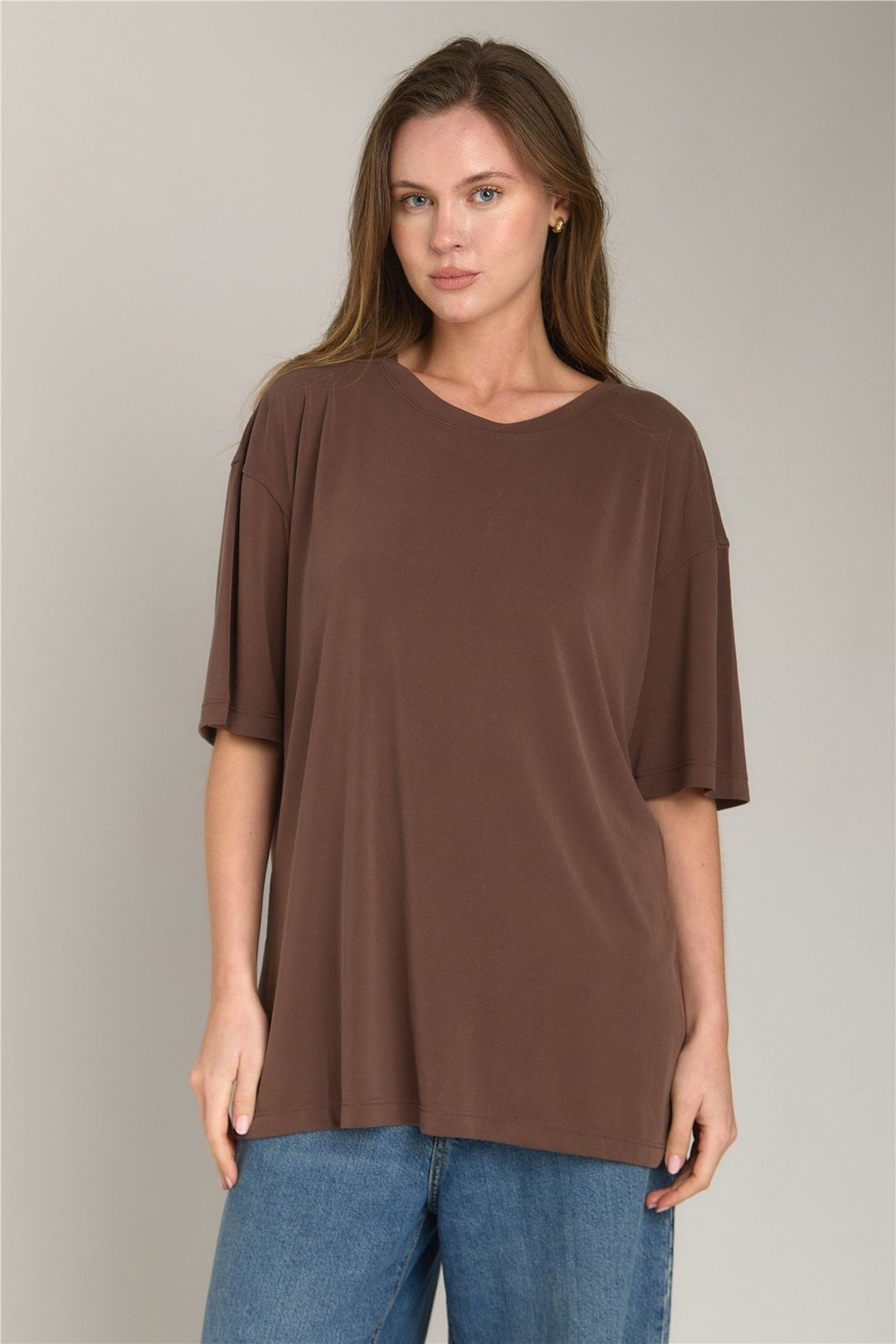 Lovely Things ARIANA Yırtmaçlı Tişört Oversıze Üst Giyim Pijama Üstü - Acı Kahve