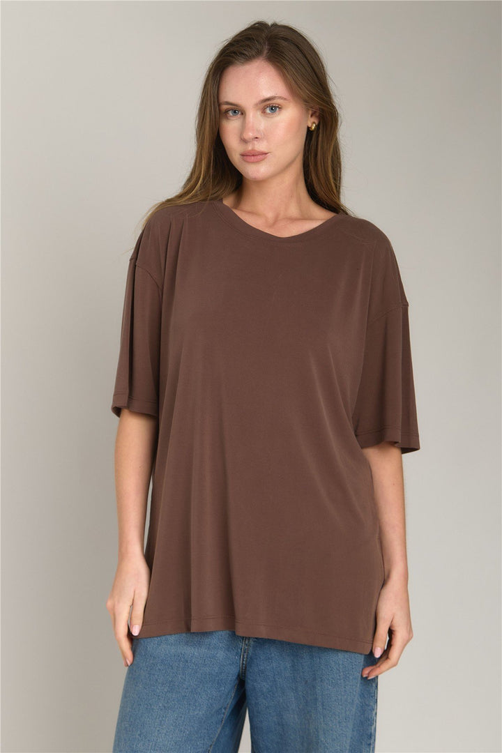 Lovely Things ARIANA Yırtmaçlı Tişört Oversıze Üst Giyim Pijama Üstü - Acı Kahve