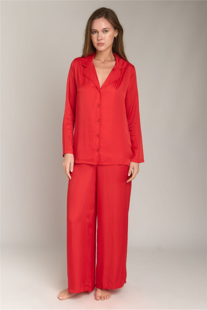 Lovely Things Ensemble de pyjamas à manches longues en satin Geraldine - Rouge