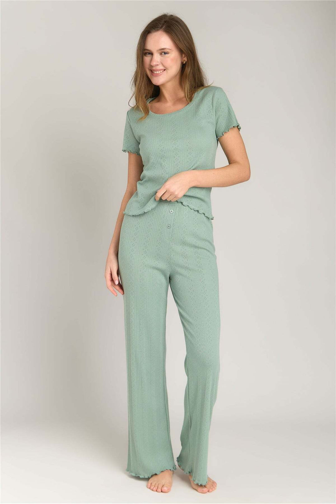 Lovely Things KIMBERLY Pointelle Kısa Kol Tişört Pijama Üstü - Açık Yeşil