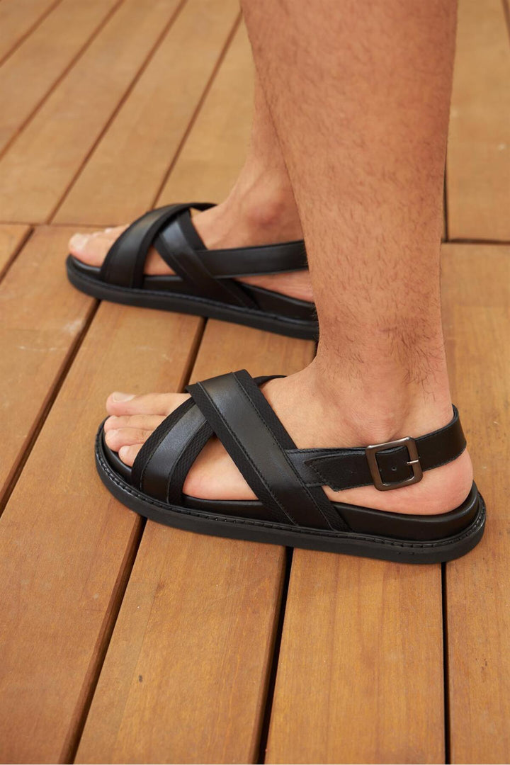 Cabani Shoes Sandales en cuir véritable pour homme avec ceinture à la cheville, noires. - Multicolore