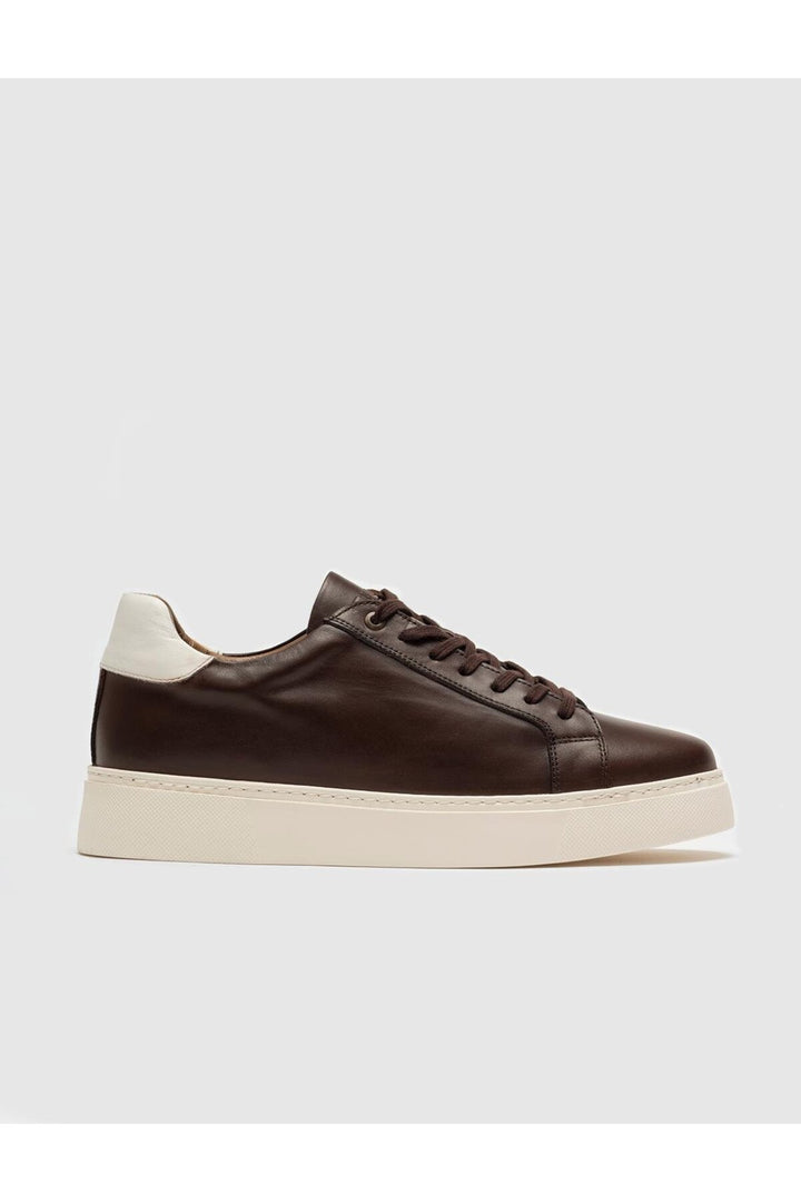 Cabani Shoes Chaussures de sport pour hommes en cuir véritable marron avec détails de couture sur les côtés et lacets. - Marron