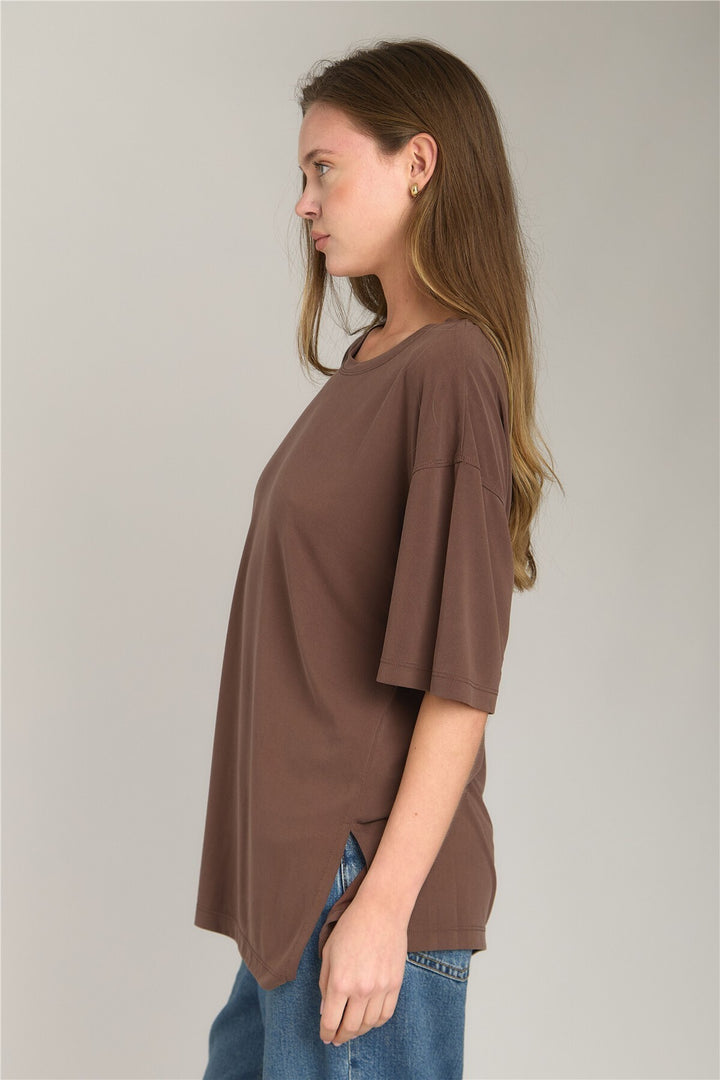 Lovely Things ARIANA Yırtmaçlı Tişört Oversıze Üst Giyim Pijama Üstü - Acı Kahve