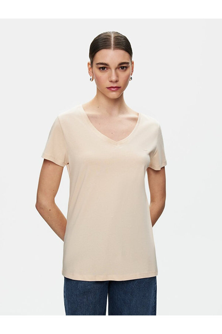 LTB T-shirt gris régulier à manches courtes et col en V pressé
