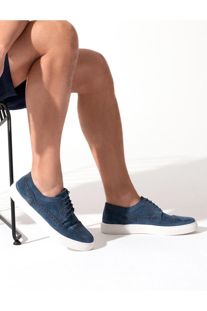 Cabani Shoes Chaussures de sport pour hommes en cuir véritable en suède bleu avec lacets. - Bleu