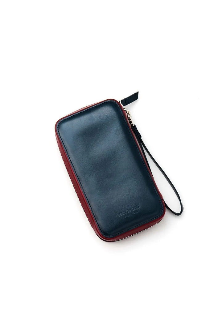 Helmbrook Sac Carlye en cuir véritable bleu marine kaki unisexe zippé Rfid protégé avec bracelet à poche sur le devant
