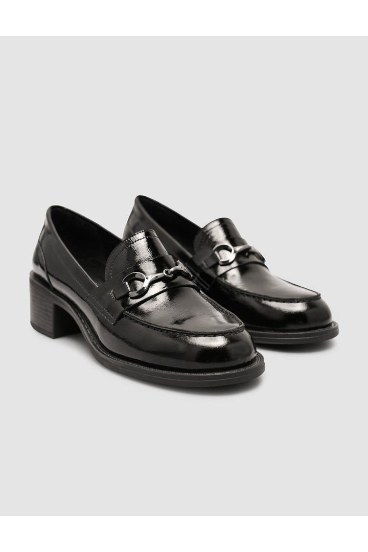 Cabani Shoes Chaussures Loafer pour femmes en cuir verni noir avec boucle en métal. - Noir