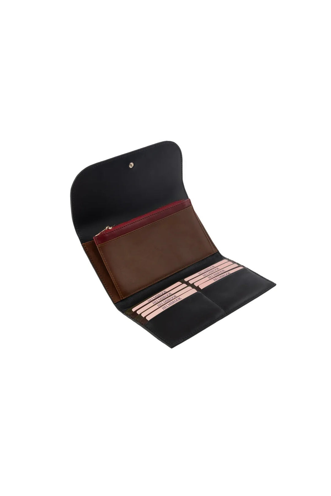 Helmbrook Grand portefeuille en cuir véritable pour femme protégé par RFID Charlotte Black Tan avec bouton-pression