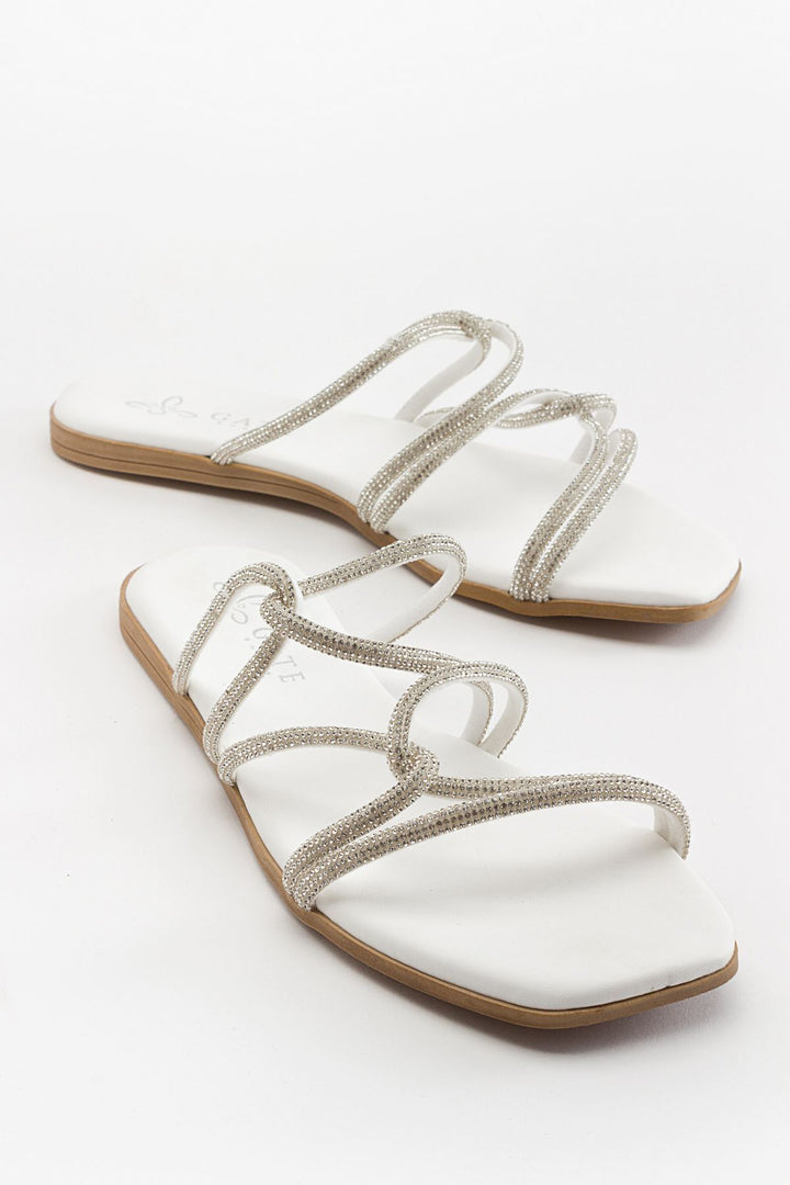 Wavelys Sreta Sandale d'été femme à semelle basse avec pierres brillantes - Blanc