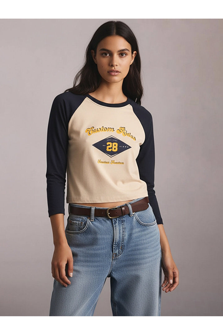 LTB Sweat court crème imprimé à col zéro et manches longues