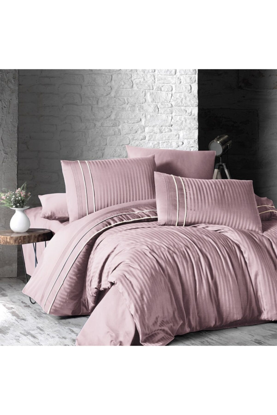 Maxhomen Ensemble de literie en satin de coton deluxe à rayures pour deux personnes Pinstripe Powder - Poudre