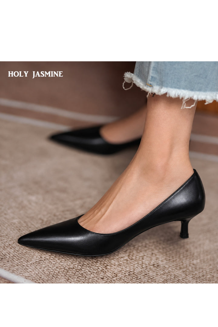 Wavelys Intérieur Extérieur Cuir Véritable Élégant Escarpin à Talon Kitten à Bout Pointu - Noir