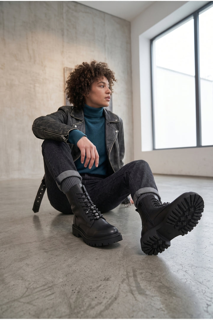 Wavelys ELCHE Bottes à lacets pour femmes en cuir véritable noir élégantes et confortables avec fermeture éclair - Noir
