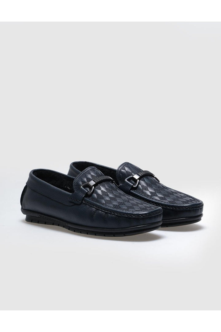 Cabani Shoes Mocassins pour hommes en cuir véritable bleu marine avec fourrure. - Bleu marine