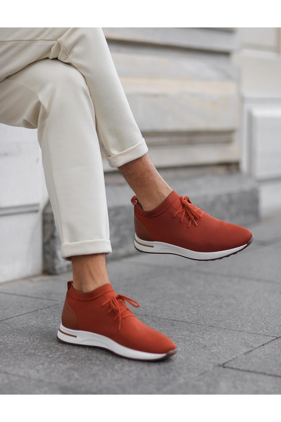 Cabani Shoes Chaussures de sport pour hommes en tricot rouge brique avec lacets - Orange