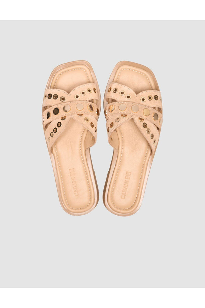 Cabani Shoes Sandale Femme en Cuir Véritable avec Détails en Pierre en Suède Beige - Marron