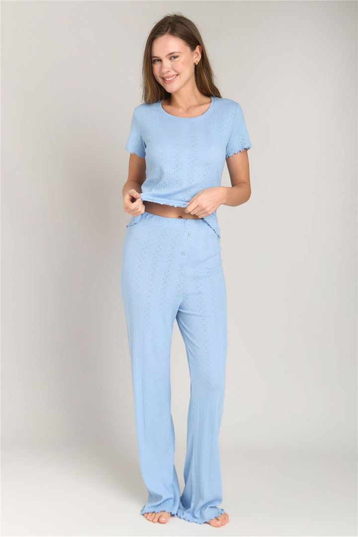 Lovely Things KIMBERLY Haut de pyjama T-shirt à manches courtes Pointelle - Clair Bleu