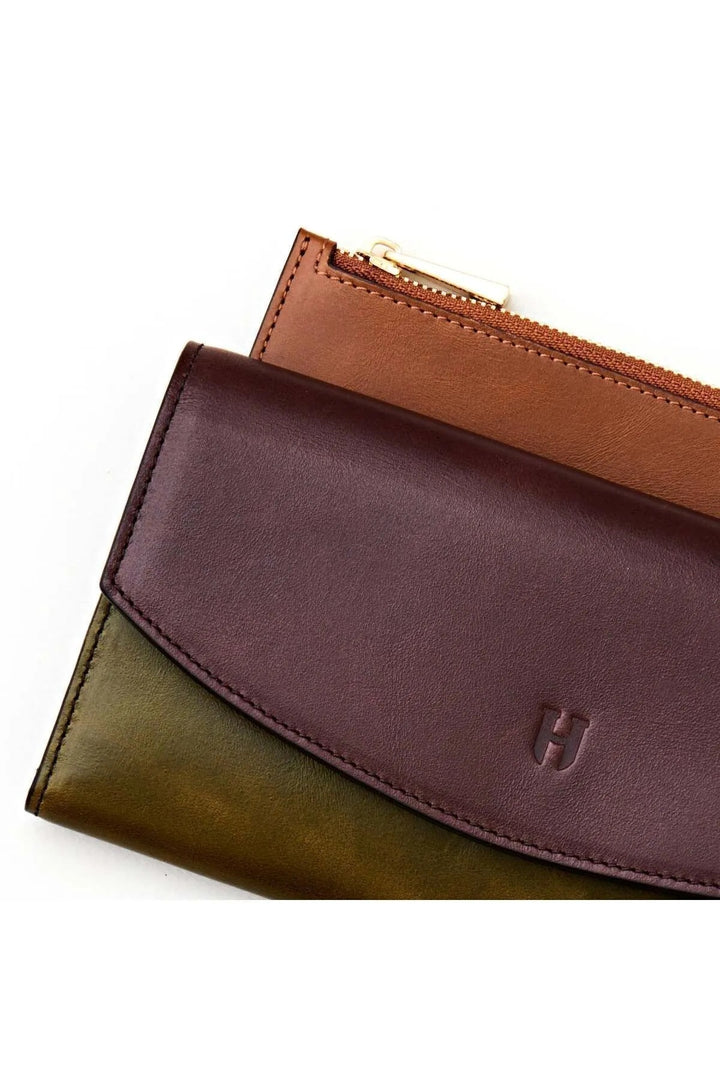 helmbrook Porte-cartes à compartiments multiples Ashley en cuir pour femme avec fermeture à glissière protégée par RFID, marron, kaki