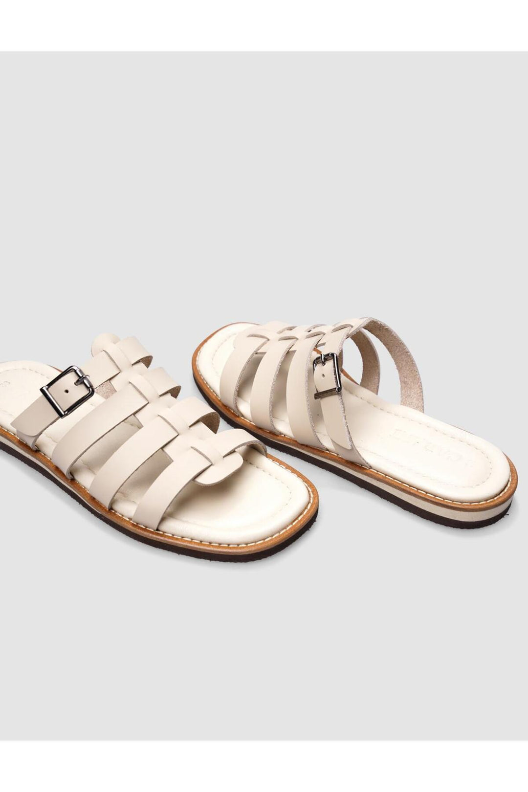 Cabani Shoes Sandales plates pour femmes en cuir véritable beige avec boucle sur le côté à 100%. - Multicolore