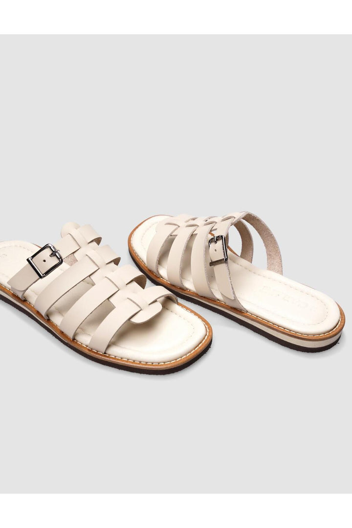 Cabani Shoes Sandales plates pour femmes en cuir véritable beige avec boucle sur le côté à 100%. - Multicolore