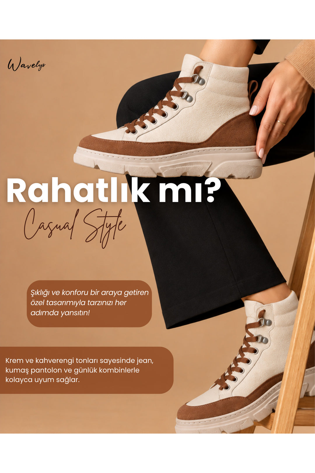 Wavelys Bottine épaisse en cuir véritable beige avec des détails marron. - Beige