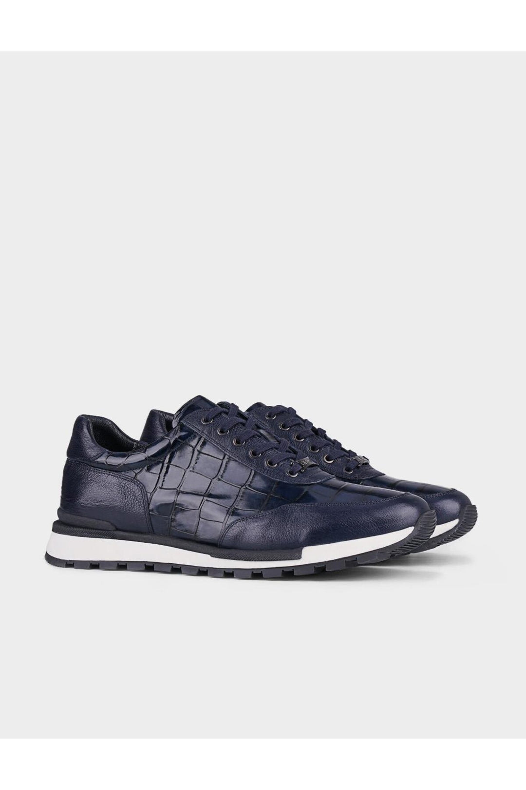 Cabani Shoes Chaussures de sport pour hommes en cuir véritable bleu marine avec imprimé crocodile et lacets. - Bleu marine