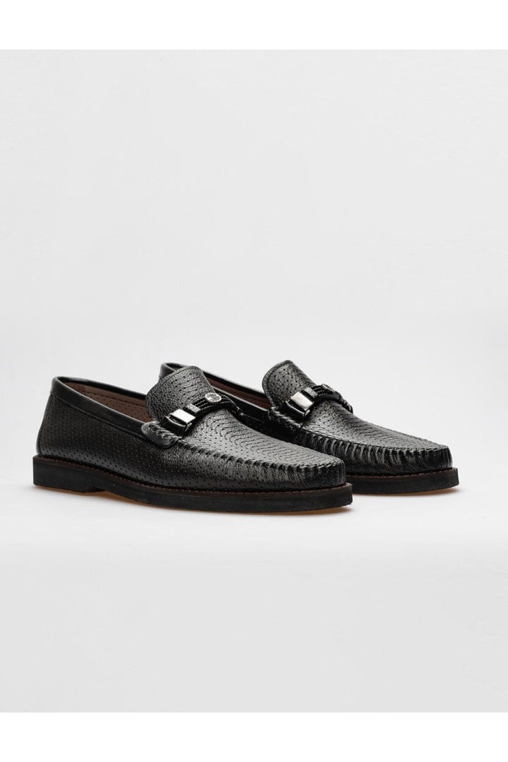 Cabani Shoes Mocassins pour hommes en cuir véritable noir avec détails en laser. - Multicolore